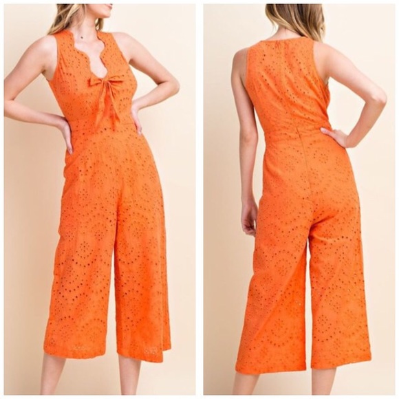 EYELET LACE BOW BODICE PALAZZO SLEEVELESS JUMPSUIT - Picture 2 of 5